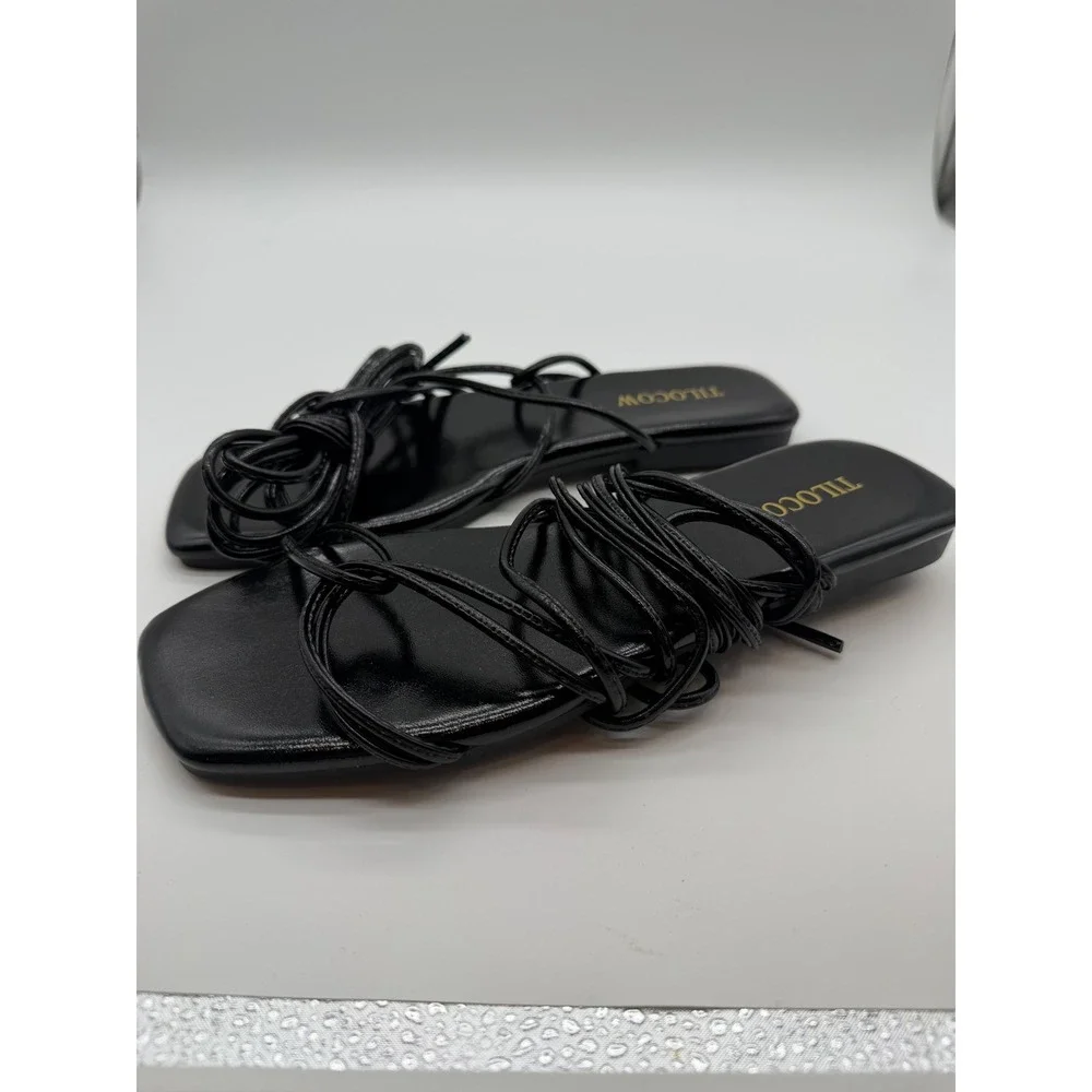 Tilocow Black Lace Up Sandals Square Toe Strappy Gladiator Flats Womens 7